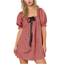 Damenkleid, Kurzarm-Bandagenkleid für Damen, kariertes Blumenärmel-Kurzrockkleid, ausgestelltes Kleid für Damen.