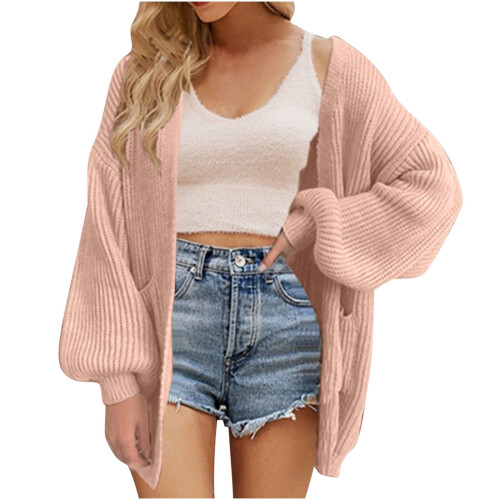 Damen-Cardigans in Unifarben, locker gestrickt, Oversize-Schnitt, Rosa