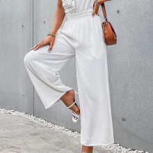 QLEICOM Women's Relaxed Fit Wide Leg Cotton Linen Slacks, Elastic Waist Drawstring Trousers for Work & Casual – Compatible with All Body Types