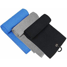 Golf Towel, 3 Pack Microfiber Golf Towels (16"x16") for Golf Bag with Carabiner Clip, Tri-fold Waffle Pattern Golf Towel, Blue, Black and Gray