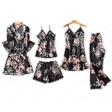 Damen-Pyjama-Set, fünfteilig, lässige Nachtwäsche, superweiche Hauskleidung, Nachthemd mit Morgenmantel, Schwarz
