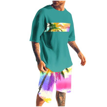 Conjunto de shorts masculino, 2 peças, gola redonda, estampa, esportivo, slim, cintura elástica, blusa de manga curta com gola redonda.
