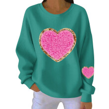 Damen-Sweatshirt mit Herzmotiv zum Valentinstag, gerippt, Rundhalsausschnitt, lang