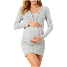 Women's Maternity Dress Set Long Sleeve Cardigan Adjustable Shoulder Strap Ribbed Bodycon Dresses for Shopping Gray XL