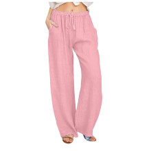 Women's Relaxed Fit Wide Leg Cotton-Linen Slacks, Elastic Waist & Drawstring, Casual/Work Trousers – Compatible with All Body Types