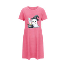 Halloween-Nachthemd für Damen in Übergröße, Kurzarm, Rundhalsausschnitt, Geisterprint, gruseliges Hauskleid, 3XL-5XL, Pink
