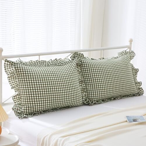 Μαξιλαροθήκες με βολάν, queen size, σετ των 2, πλυμένου βαμβακιού, καρό καρό, σε σχήμα 2