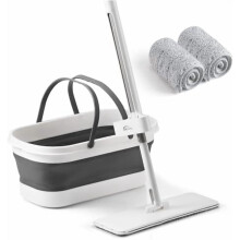 Flat Mop and Collapsible Bucket OG7 with Wheels, 2 Washable Reusable Microfiber Pads, Pure White