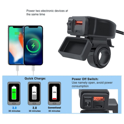 Universal Motorcycle USB+Type-C Charger QC3.0 Handlebar Fast Charging Waterproof Socket Adapter 1