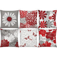 Housses de coussin marguerite rouge et grise 45 x 45 cm, lot de 6