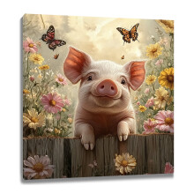 Tableau mural sur toile représentant un cochon rigolo avec des fleurs et des papillons