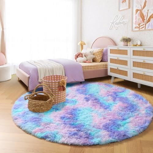 Purple rainbow round shag rug 6 ft 1