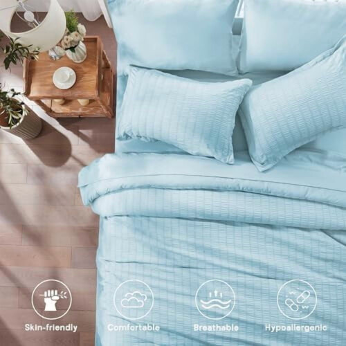 Twin Comforter Set Light Blue Seersucker 5-Piece 2