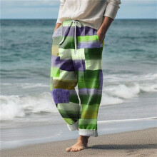 Pantalones de lino para hombre, verano, playa, cintura elástica con cordón, estampado geométrico de bloques de color, transpirables, suaves,