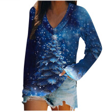 Maglia da donna con stampa natalizia, maniche lunghe, scollo a V, vestibilità ampia e casual – Abbigliamento streetwear morbido e confortevole per