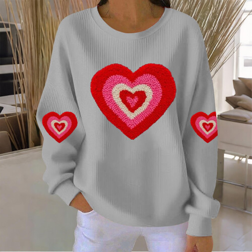 Damen-Sweatshirt zum Valentinstag mit Herzprint, geripptem Rundhalsausschnitt, lässigem Langarm-Pullover 1