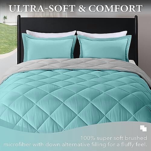 Queen Comforter Set Turquoise Grey 3-Piece 1