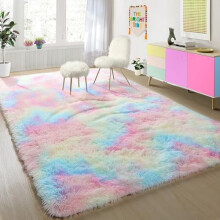 Rainbow Fluffy Plush Area Rug 4x6 for Kids' Rooms