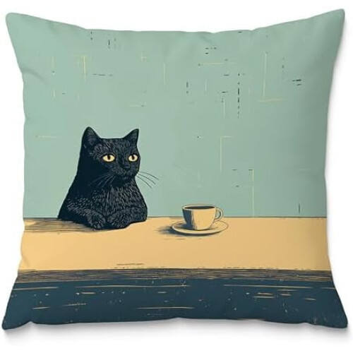 Capa de almofada de flanela com estampa de gato preto, 45x45 cm (18x18 polegadas)