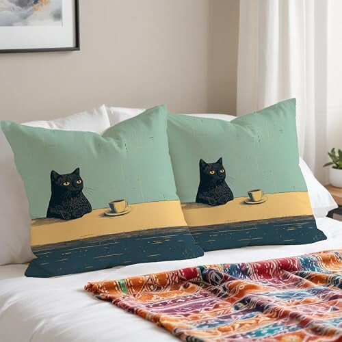 Capa de almofada de flanela com estampa de gato preto, 45x45 cm (18x18 polegadas) 2