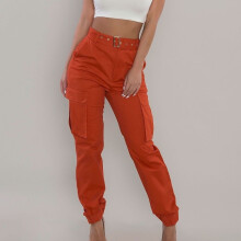 Pantalon cargo décontracté pour femme lulshou, couleur unie, avec poches, boutons, taille élastique, coupe droite confortable, idéal pour le