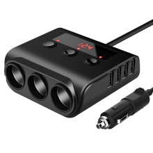 TR12 Autoaansteker, Drievoudige Verdamper met Schakelaar, Spanningsweergave, 4 USB-Autoaansteker, 120 W Oplader, Zwart