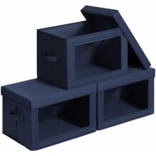 Foldable Storage Boxes with Clear Window – Navy Blue Fabric Cubes with Lids, 3 Pack, Compatible with Shelves, Yarn & Clothes Organizing