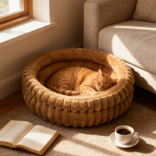 Cama redonda de pelúcia para gatos de pequeno porte, estampa aveludada, 40x40x15cm