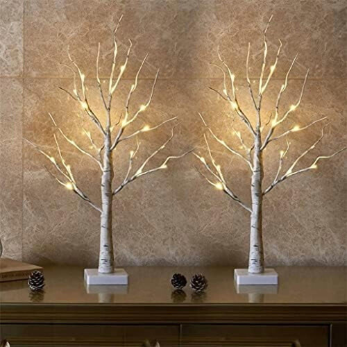 24-LED Lighted Birch Tree Decor, 2-Pack 2FT Mini White Xmas Trees, Battery/USB Powered, Indoor Table/Mantel Use