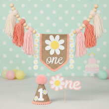 Striscione Boho Pink Daisy per seggiolone e cappellino per il primo compleanno