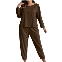 Set de pijamale pentru femei, mărime plus, cu mânecă lungă, set de 2 piese, pijamale moi și confortabile, culoare solidă, croială relaxată,
