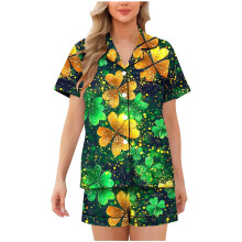 St. Patricks Day pyjamassæt til kvinder, grønt, 2-delt, kortærmet, knaplukning foran, mælkesilke, nattøj med elastisk talje, plus størrelse