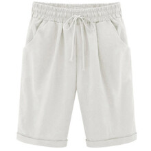 Bermuda feminina de verão, calça casual de algodão, comprimento até o joelho, cintura elástica, cordão e bolsos.