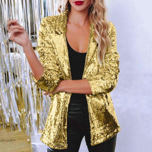 Γυναικείο σακάκι με πούλιες, casual, μακρυμάνικο, γυαλιστερό παλτό με πέτα