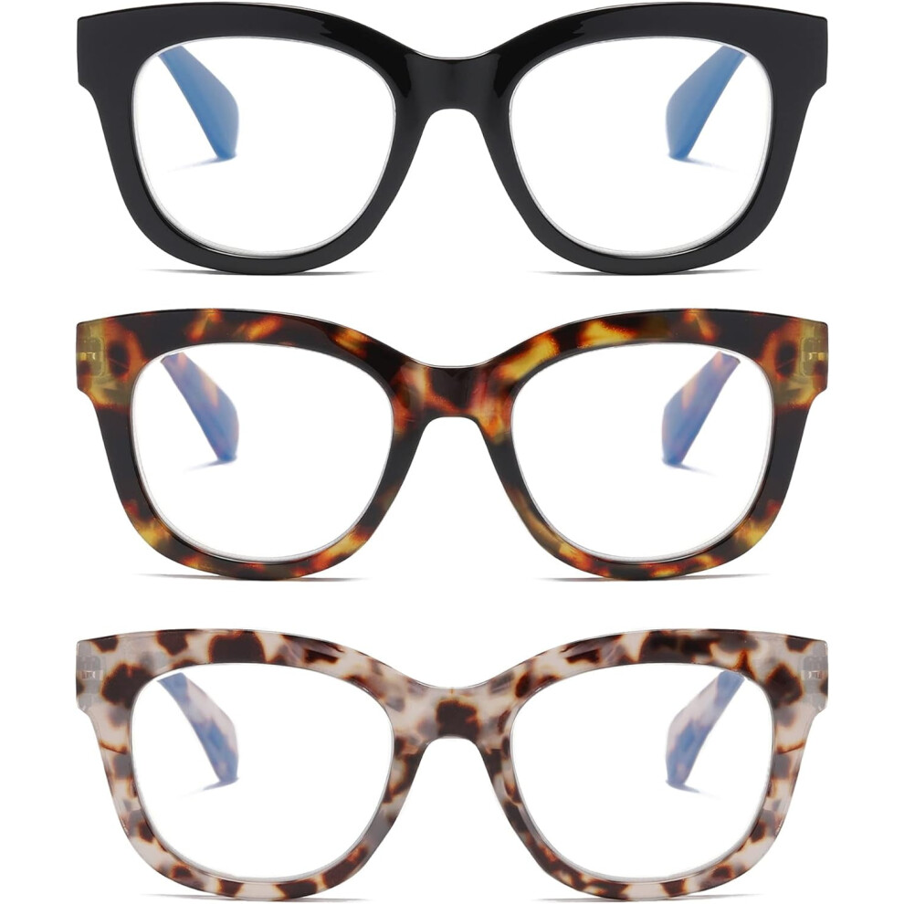Blue/Light 3 Pack Oversized Blocking Reading Glasses For Women, Retro Style Readers With Spring Hinge +1.50