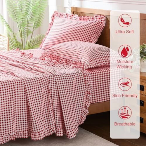 Gingham beddengoedset met ruches, queensize, van microvezel 1