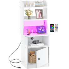 Tall Nightstand with Charging Station & LED Lights, 47", Adjustable Bookshelf, Industrial Side Table with Storage Cabinet, White, compatible with