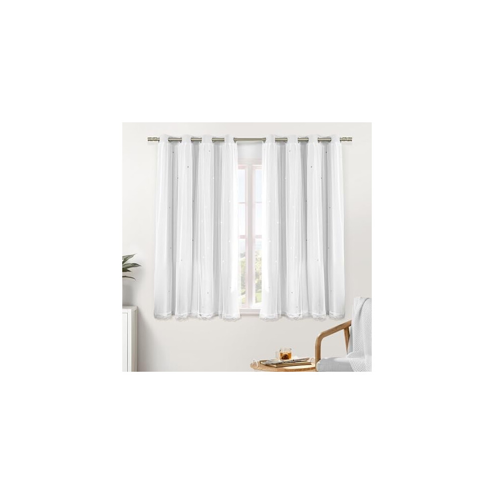 & Sheer Girls' Curtains, Blackout Double Layer, 2 Panels, Star Cut-Out, Grommet Top, W34xl45, For Kids' Nursery & Princess Room White