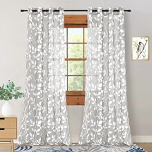 108 Inch Curtains 2 Panel Set White Leaf Pattern Print Design Extra Long Grommet Sheer Drapes for Living Room 108 Inches Long,Light Grey/Gray