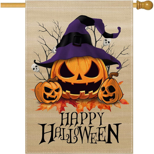 Bandeira de Halloween em formato de casa de abóbora, 71 x 102 cm (28 x 40 polegadas), dupla face