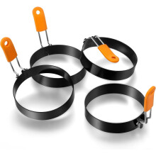 4-Pc Stainless Steel Egg & Pancake Rings with Orange Silicone Handles, 4" – Compatible with All Griddles