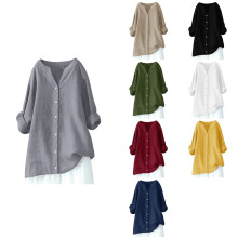 Women's Plus Size Long Sleeve V-Neck Linen Button-Down Shirt, Casual Fall/Winter Top – Gray