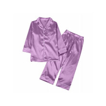 Barne-satengpysjamassett, langermet, med knapper, 2-delt myk pysjamas, nattøy, loungewear, 7-10 år, gutter og jenter
