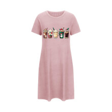 Abito corto da donna taglie forti con stampa natalizia, maniche corte e scollo rotondo, in morbido poliestere ed elastan, taglie S-2XL, ideale per la