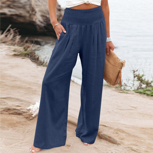Γυναικείο παντελόνι QLEICOM με ψηλή μέση και φαρδιά μπατζάκια από βαμβάκι-λινό, μπλε 1