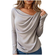Damestop, casual damesblouse met lange mouwen, plooien en ronde hals, effen kleur, comfortabele tuniek voor dames.