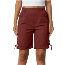 Shorts femininos da moda verão 2025, cor sólida, cintura alta, elástico na cintura e bolsos em promoção.