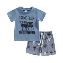 Kleinkind-Baby-Jungen-Outfits, Sommer-Kurzarm-Tops mit Kuh- und Buchstabenprint, Shorts, 2-teiliges Outfit-Set für 18-24 Monate
