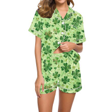 Pyjama met St. Patrick's Day-print voor dames: top met korte mouwen en short met klaverprint, tweedelige pyjamaset.