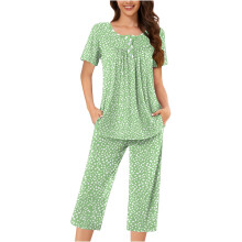 2-delige set bestaande uit een capribroek met Henley-hals, korte mouwen en zakken, damespyjama, zomerse nachtkleding set